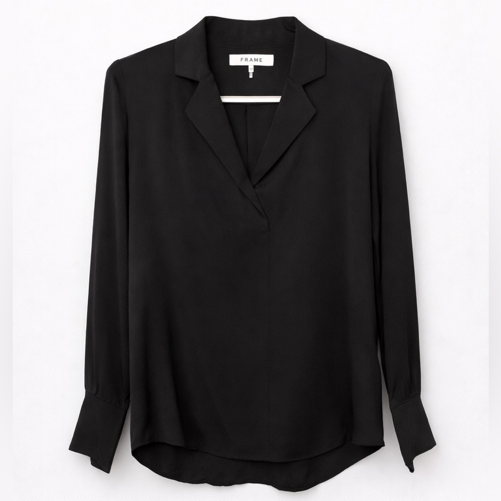 FRAME Black Silk Blouse Collared V Neck Popover Top Long Sleeve Small